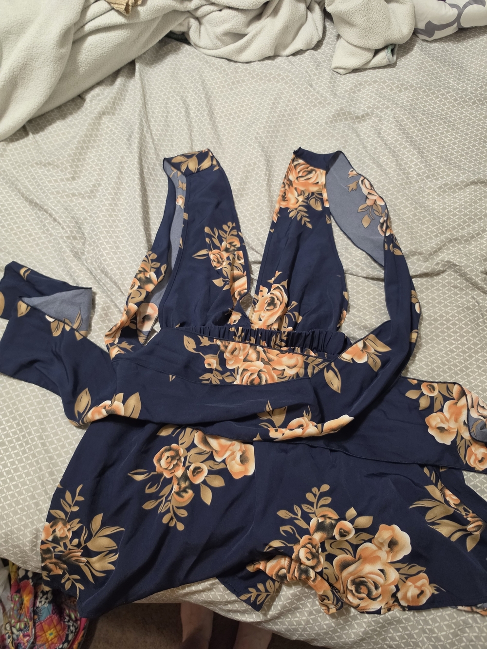 Navy Floral V-Neck Romper with Peach Roses
